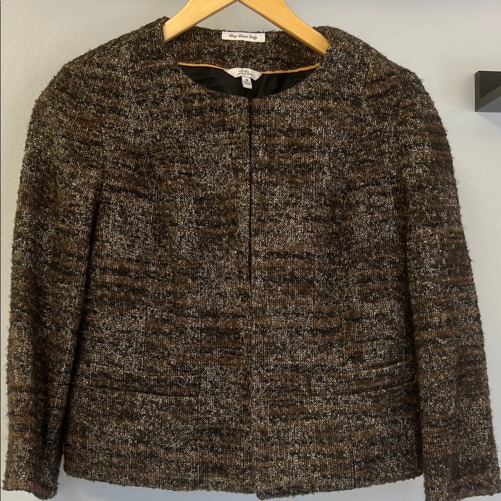 L.L. Bean Classic Brown Tweed cropped Blazer 3/4 sleeves Peasant Closures Sz 4
